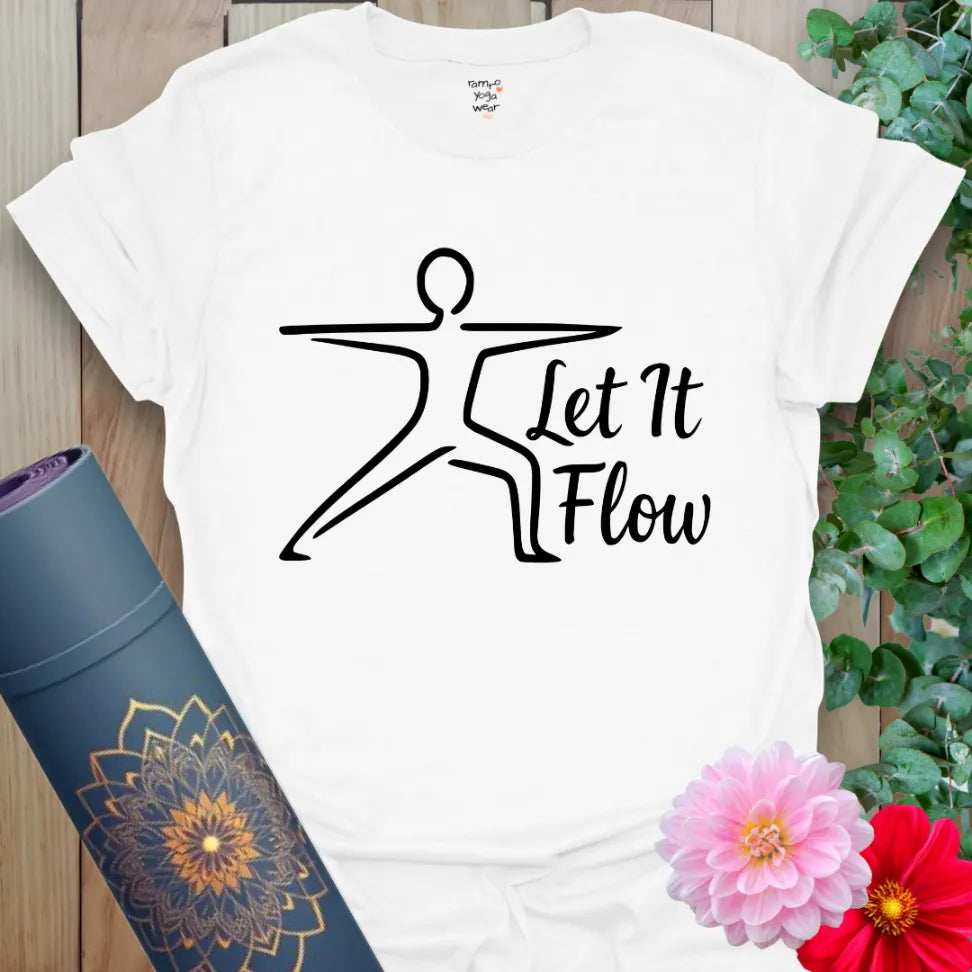 Clean white unisex yoga t-shirt showcasing warrior silhouette and inspiring mindful movement message.