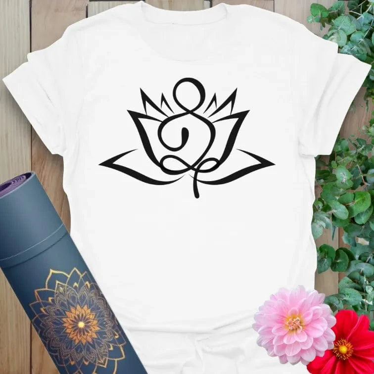 Clean white unisex yoga t-shirt showcasing minimalist lotus and breath-inspired artwork perfect for soulful movement and meditation.
