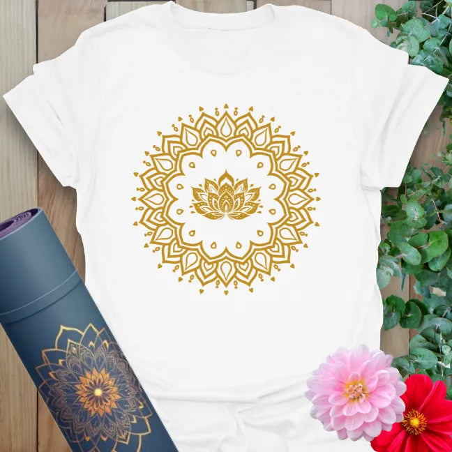 Clean white unisex yoga t-shirt featuring elegant lotus mandala artwork symbolizing inner peace and conscious flow.