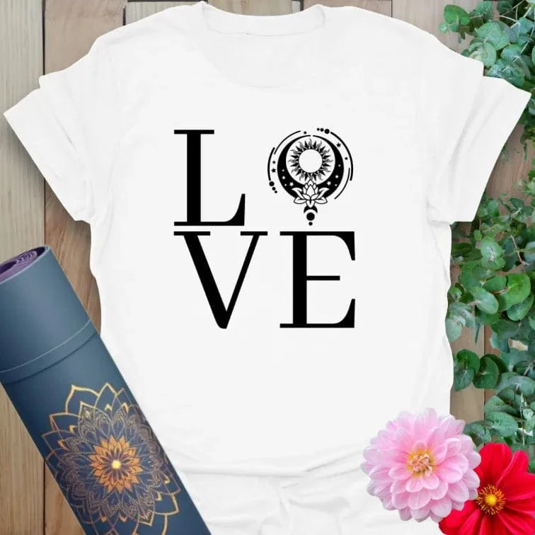 Clean white unisex yoga t-shirt showcasing "LOVE" text with mandala design for mindful movement and heart-led living.