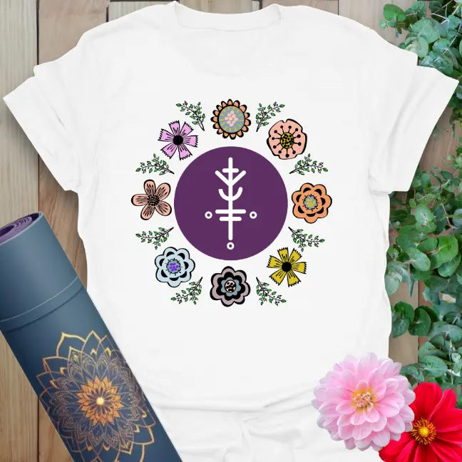 Clean white unisex yoga t-shirt featuring floral mandala and prosperity symbol for heart-centered, lucky mindful journeys.