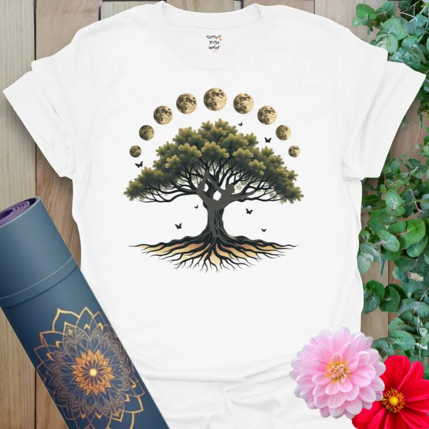 Clean white unisex yoga t-shirt featuring powerful tree and celestial moons for conscious, spiritual living.