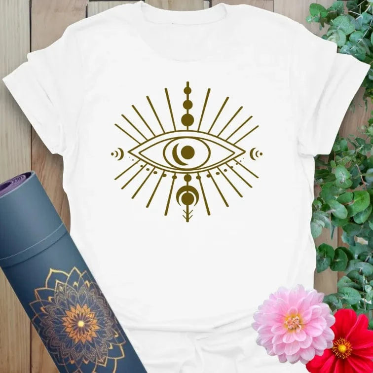 Clean white unisex yoga t-shirt featuring radiant eye and lunar symbols representing spiritual sight and cosmic harmony.