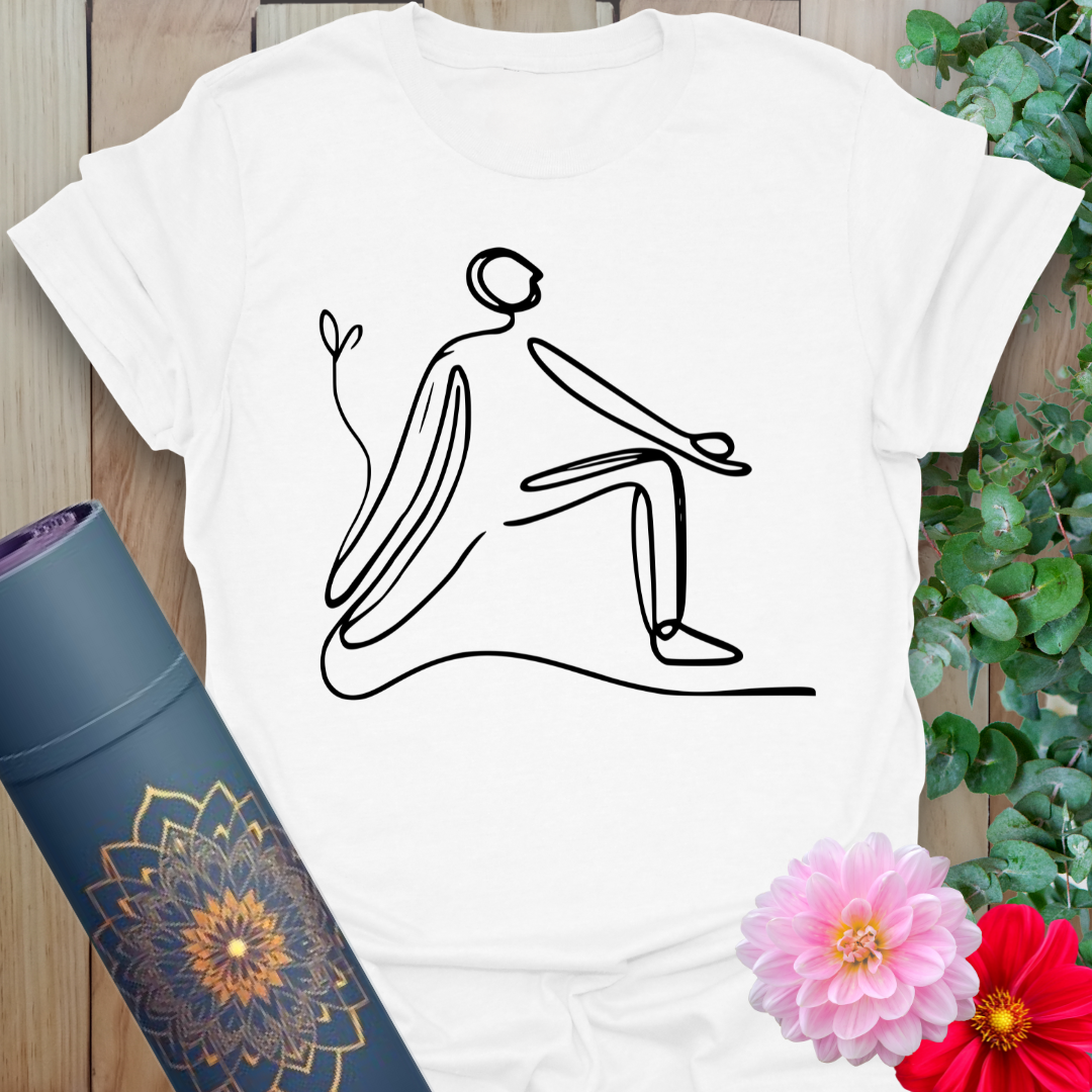 Clean white unisex yoga t-shirt featuring elegant line-drawn lunge posture for soulful, active living.