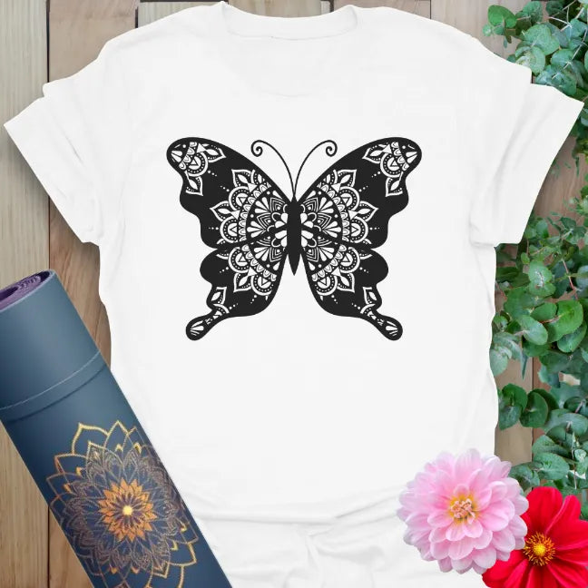 Clean white unisex yoga t-shirt featuring intricate mandala butterfly for heart-centered transformation and conscious beauty.