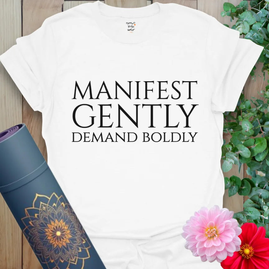 Clean white t-shirt with minimalist “Manifest Gently” quote, perfect for meditation, clarity, and casual wear.