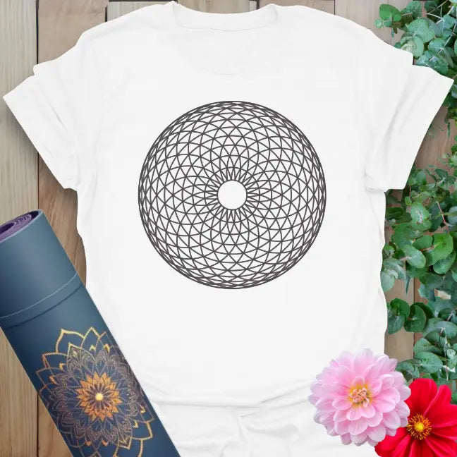 Clean white unisex yoga t-shirt featuring sacred manifestation geometry for mindful living and cosmic connection.