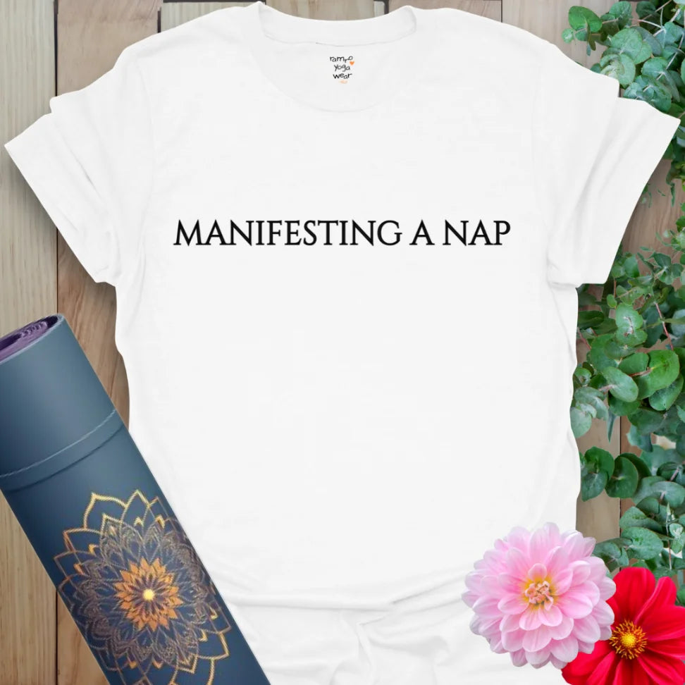 Crisp white unisex yoga t-shirt with centered nap quote, blending funny intention with everyday ease.