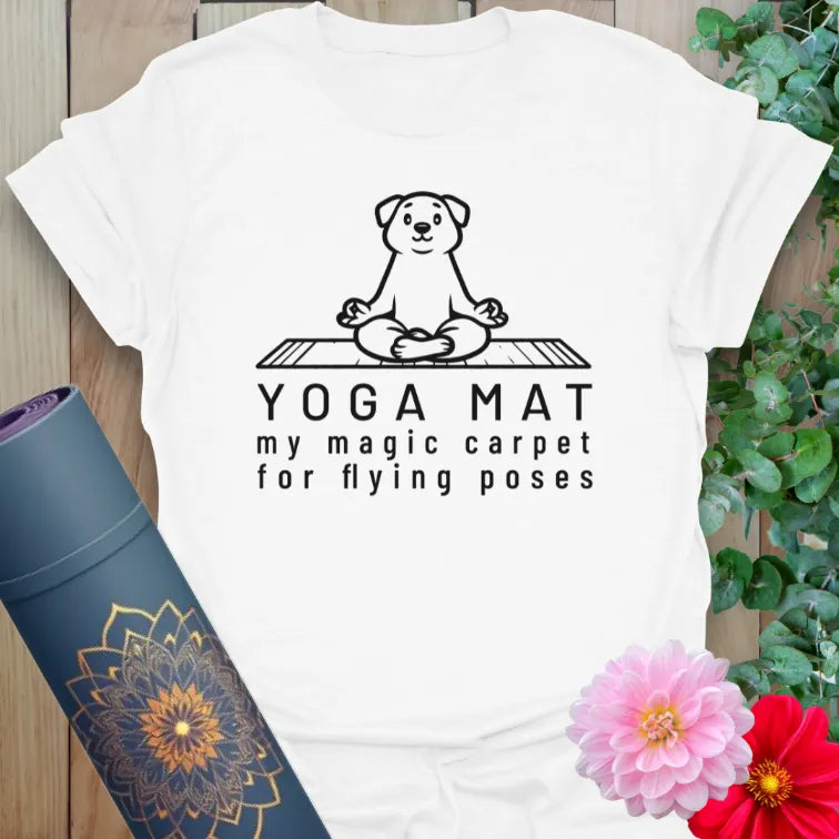 Clean white unisex yoga t-shirt featuring funny dog on yoga mat artwork perfect for joyful, heart-centered yoga lovers.