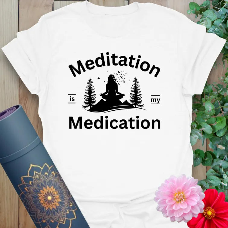 Clean white unisex yoga t-shirt featuring forest meditation artwork and healing quote inspiring mindful, joyful living.