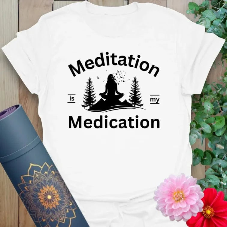 Clean white unisex yoga t-shirt featuring forest meditation artwork and healing quote inspiring mindful, joyful living.