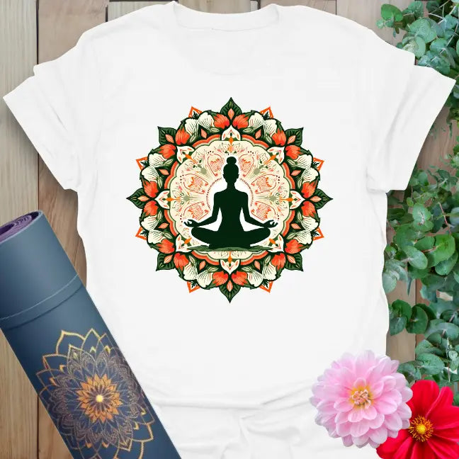 Clean white unisex yoga t-shirt featuring vibrant sacred mandala and meditative pose design for soulful connection and mindful practice.