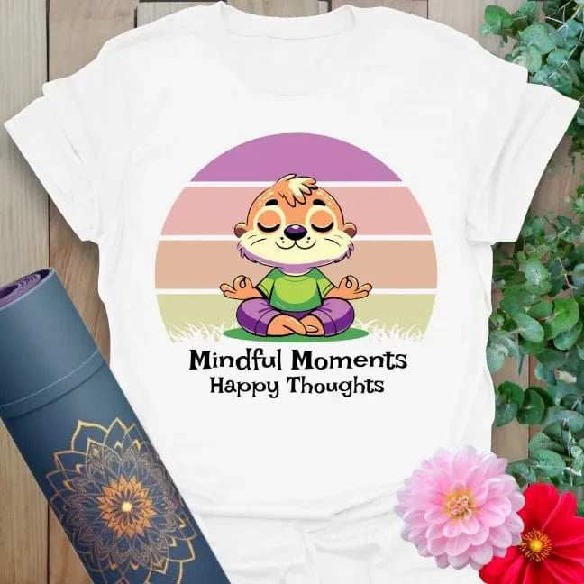 Clean white unisex yoga t-shirt featuring colorful meditating animal and "Mindful Moments, Happy Thoughts" design for heart-centered joy.