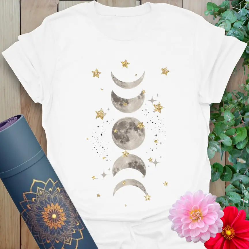 Clean white unisex yoga t-shirt featuring sacred moon phases and star-filled artwork for conscious, soulful living.