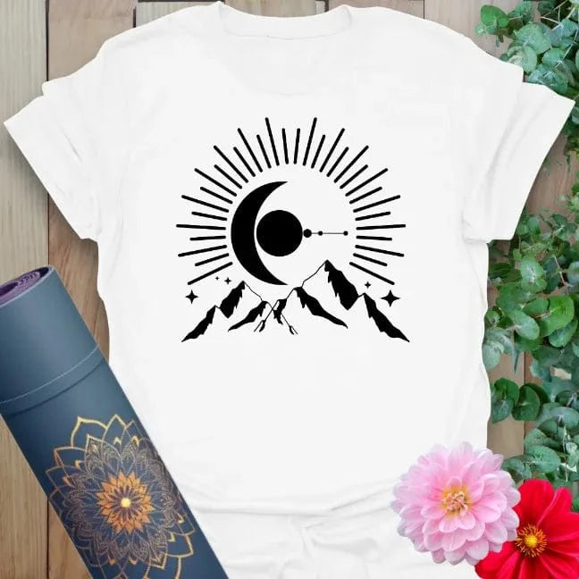 Clean white unisex yoga t-shirt featuring cosmic moonrise design over mountains for heart-centered, adventurous living.