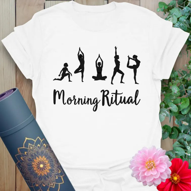 Clean white unisex yoga t-shirt featuring soulful yoga poses and "Morning Ritual" quote for joyful, mindful daily beginnings.