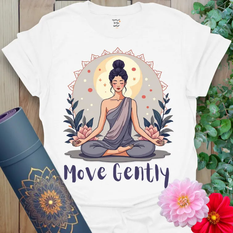 Clean white unisex yoga t-shirt featuring meditating figure and "Move Gently" message for grounded, peaceful, soulful journeys.
