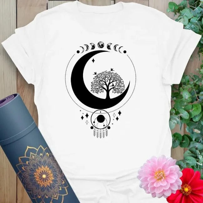 Clean white unisex yoga t-shirt featuring crescent moon, flourishing tree, and lunar phases for heart-centered cosmic living.