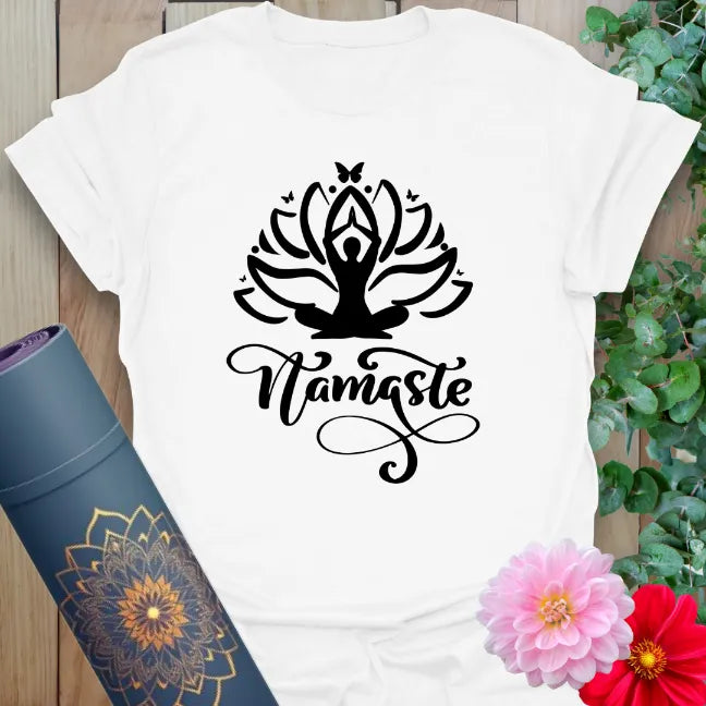 Clean white unisex yoga t-shirt featuring blooming lotus, yogi, and Namaste quote inspiring light, gratitude, and soulful connection.
