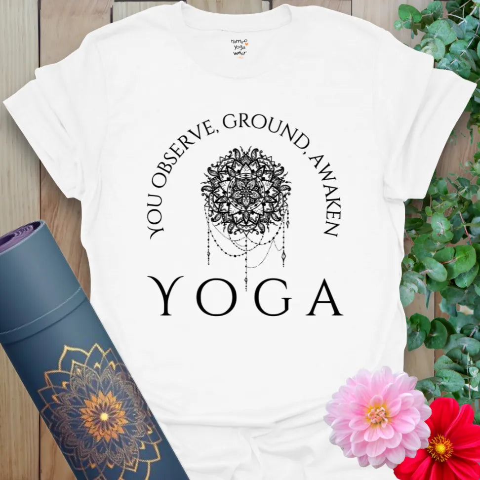 Clean white unisex yoga t-shirt featuring mindful yoga journey affirmation inspiring conscious, soulful living and personal transformation.