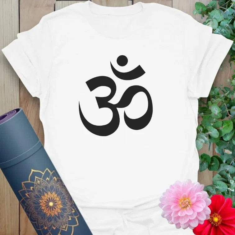 Clean white unisex yoga t-shirt featuring iconic Om artwork inspiring soulful presence, conscious connection, and mindful movement.