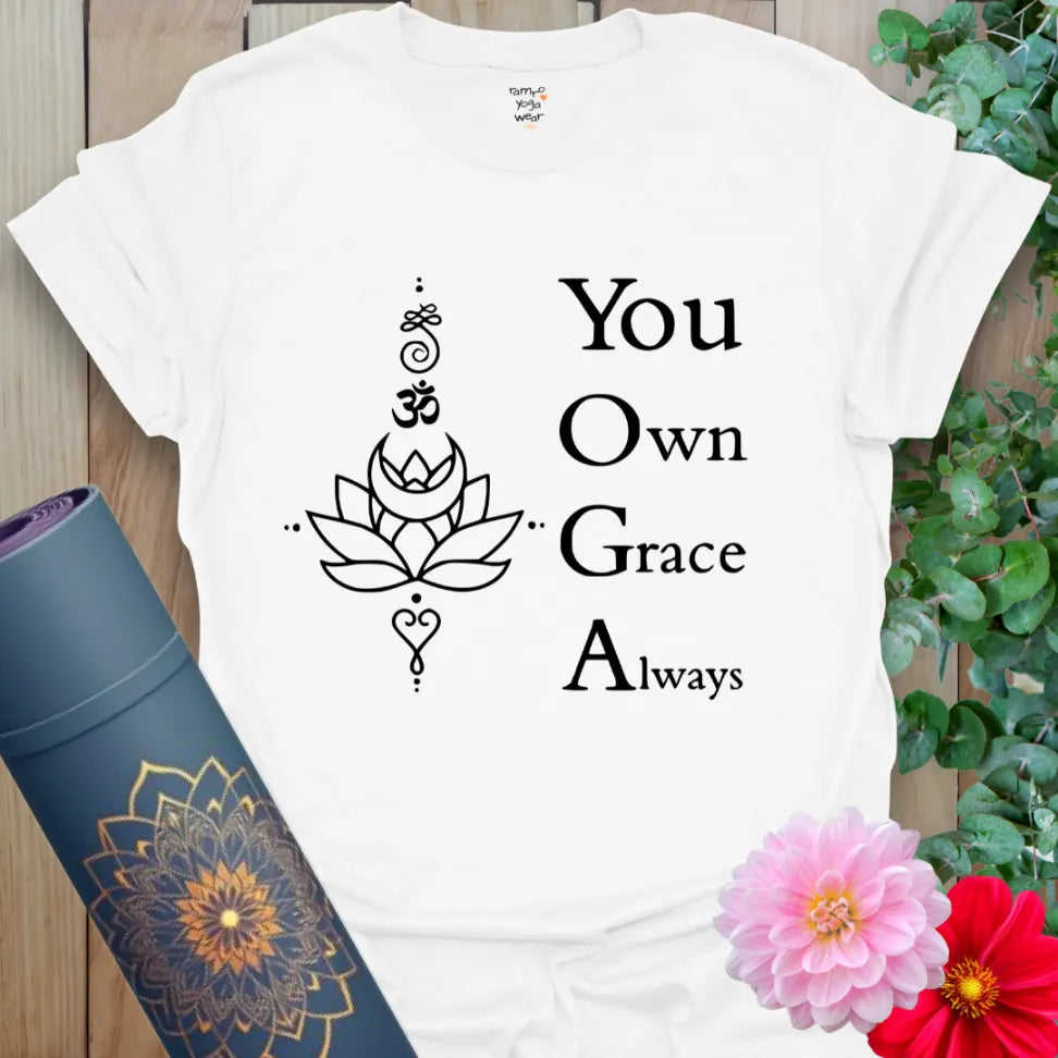 Clean white unisex yoga t-shirt with uplifting mantra and spiritual symbolism inspiring conscious, heart-led living.