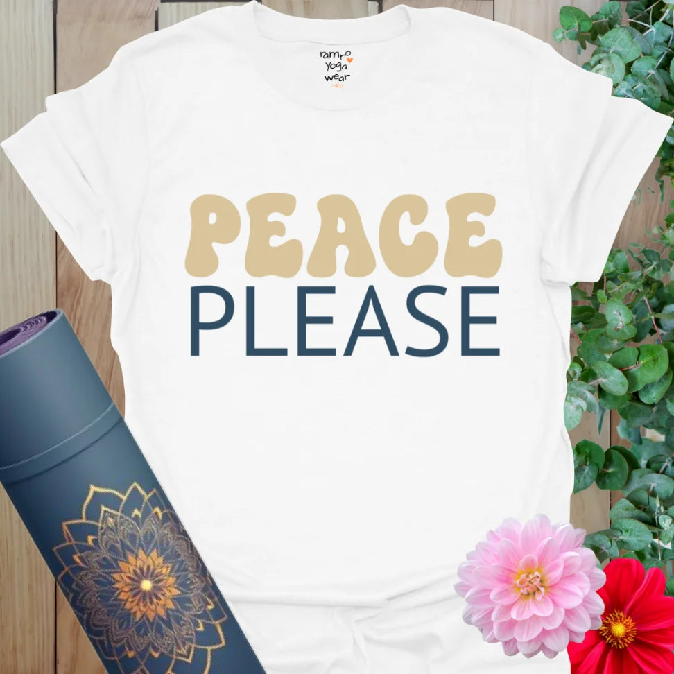 White Peace Please T-Shirt with clean script and bold retro charm. Yoga graphic tee for breathers, movers, and peacemakers.