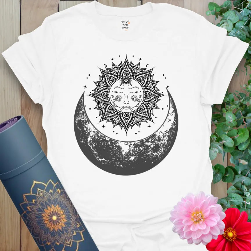 Clean white unisex yoga t-shirt featuring radiant sun mandala and crescent moon design for conscious, heart-led journeys.