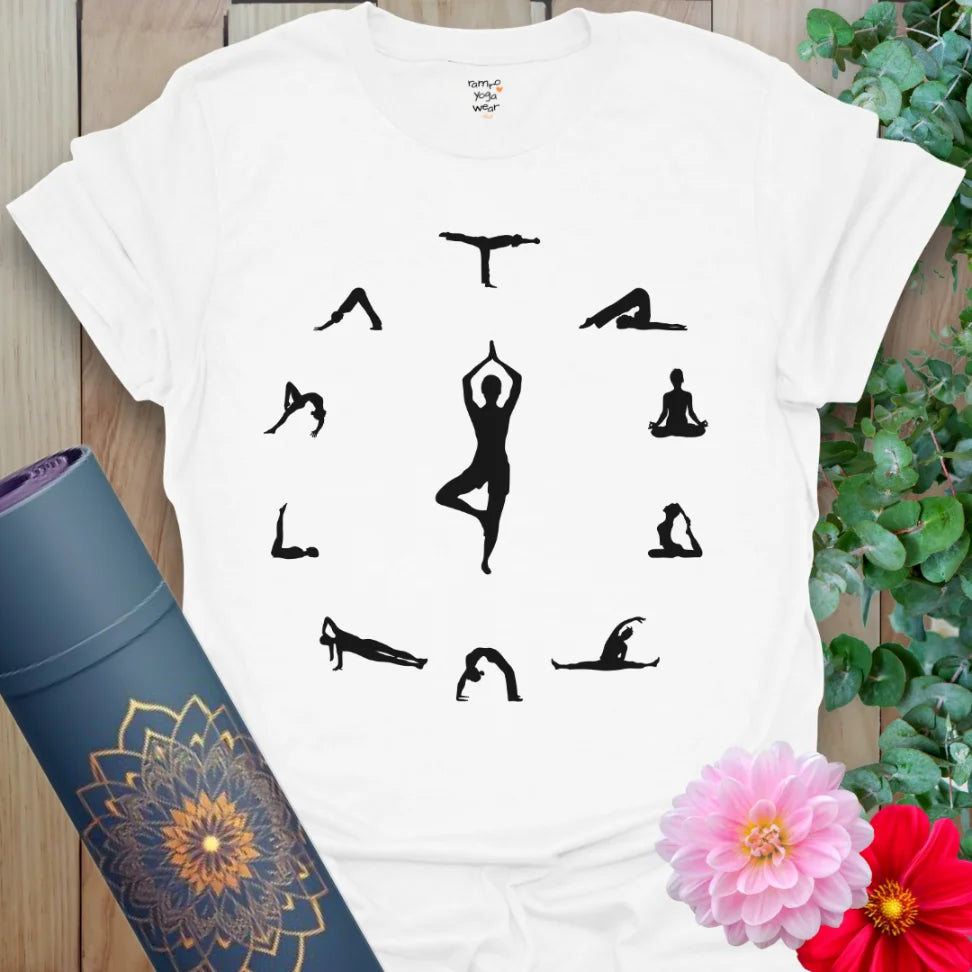 Clean white unisex yoga t-shirt featuring symbolic yoga pose flow artwork encouraging conscious breathing, balance, and strength.