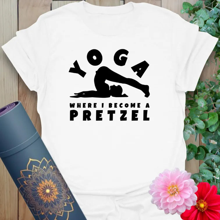 Clean white unisex yoga t-shirt with playful yoga humor quote and stretched pose artwork for conscious, light-hearted living.