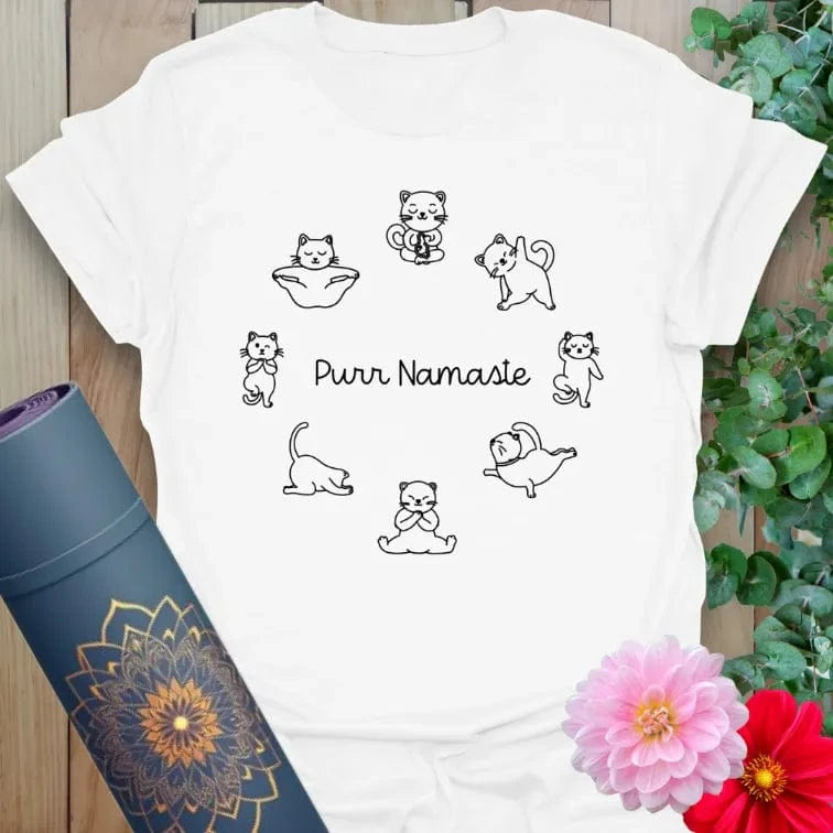 Clean white unisex yoga t-shirt with charming cat yoga poses and light-hearted mindful message for conscious, soulful living.