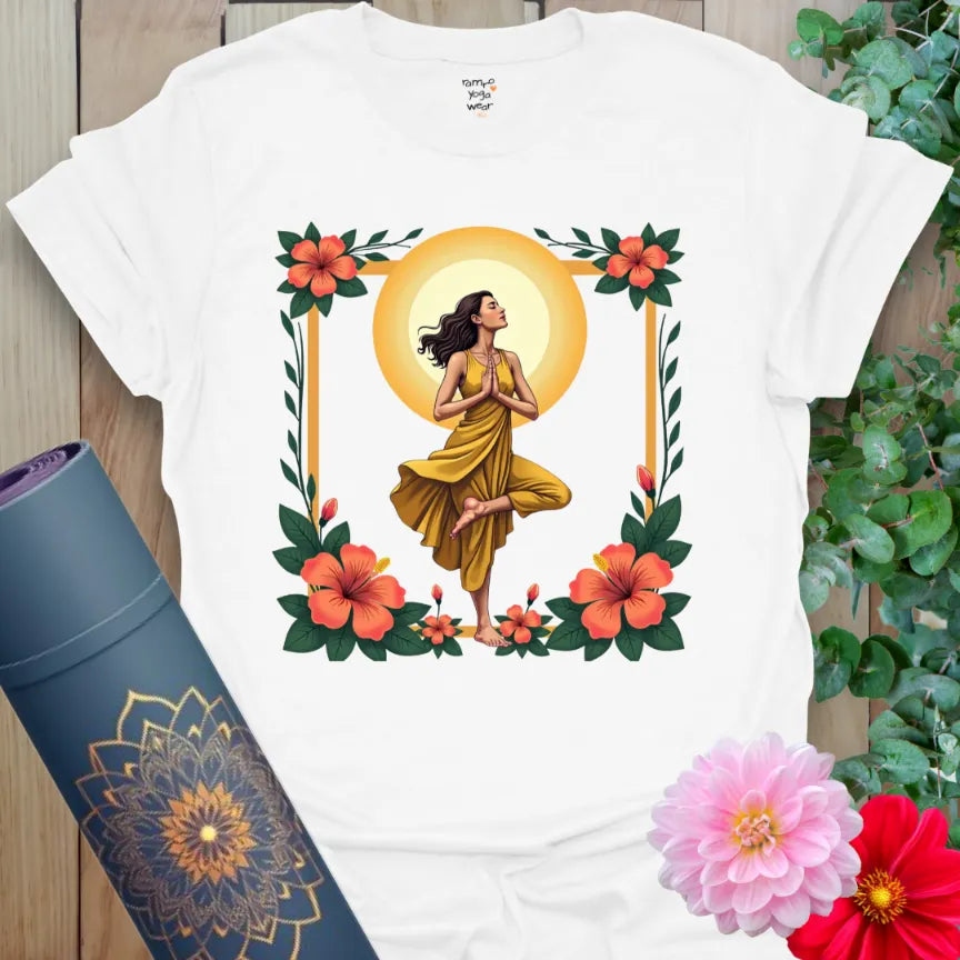Clean white unisex yoga t-shirt featuring glowing yogi and floral design for mindful strength and soulful radiance.