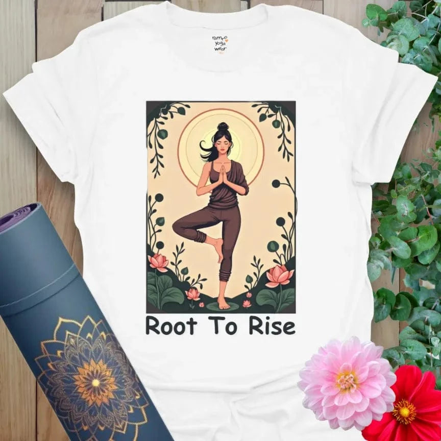 Clean white unisex t-shirt with vibrant Tree Pose artwork and “Root to Rise” quote for empowered everyday flow.