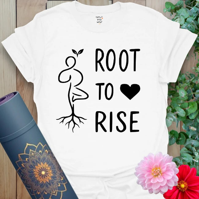 Clean white unisex yoga t-shirt featuring rooted yogi figure and positive growth mantra for conscious, soulful living.