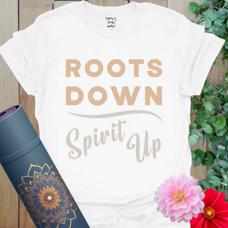 Grounded yoga mantra tee with vintage block and script, earthy design on soft white cotton.