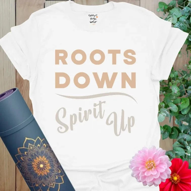 Grounded yoga mantra tee with vintage block and script, earthy design on soft white cotton.