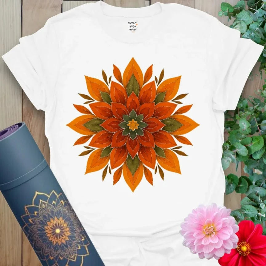 Clean white unisex yoga t-shirt featuring bold sacred flame mandala inspiring mindful living and spiritual growth.