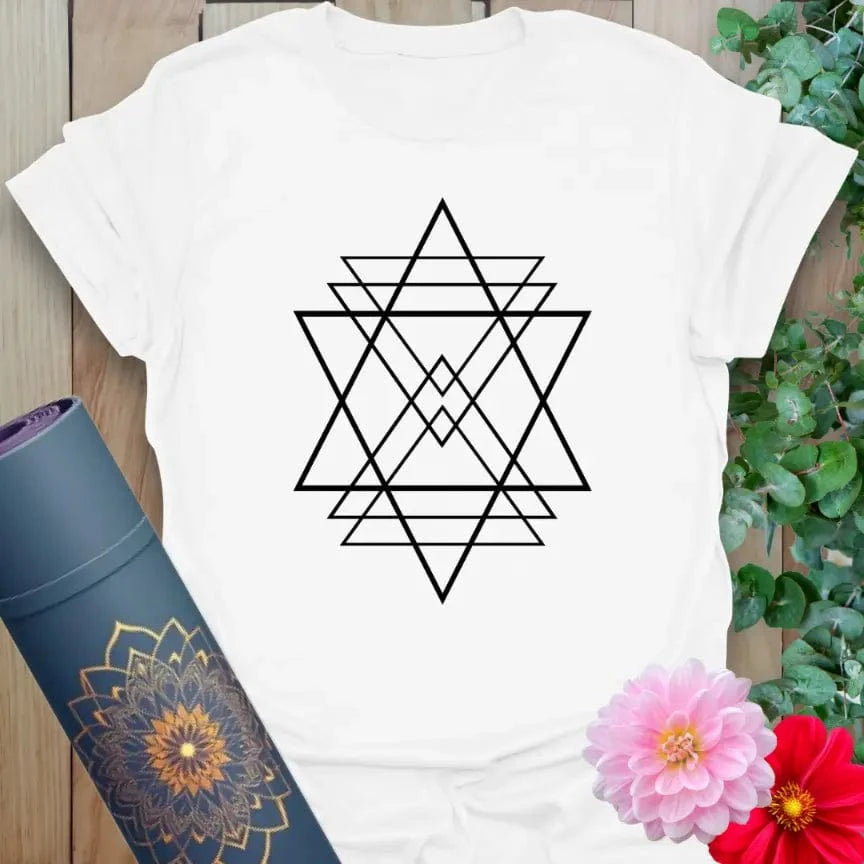 Clean white unisex yoga t-shirt featuring Sri Yantra-inspired artwork for mindful living, sacred movement, and conscious balance.