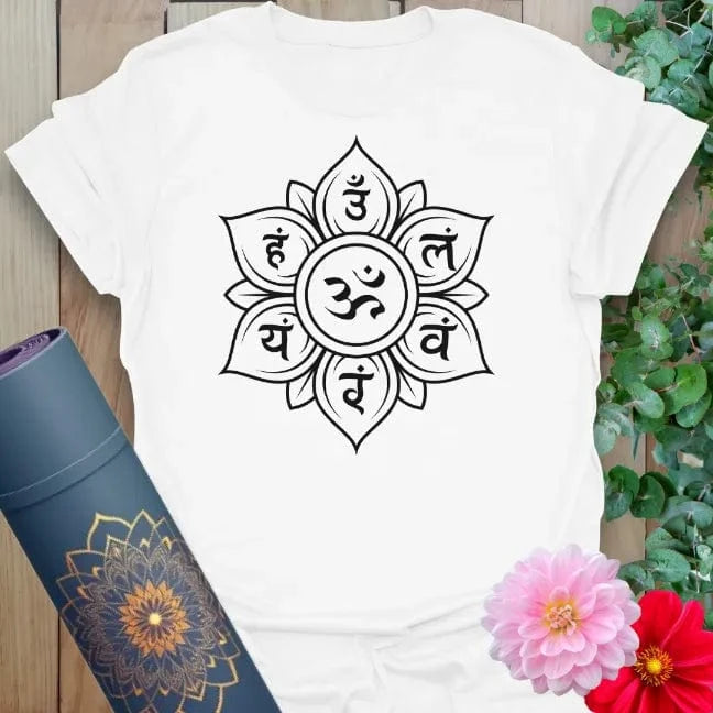 Clean white unisex yoga t-shirt featuring intricate Sanskrit symbol artwork and Om mantra for soulful connection and sacred mindfulness.