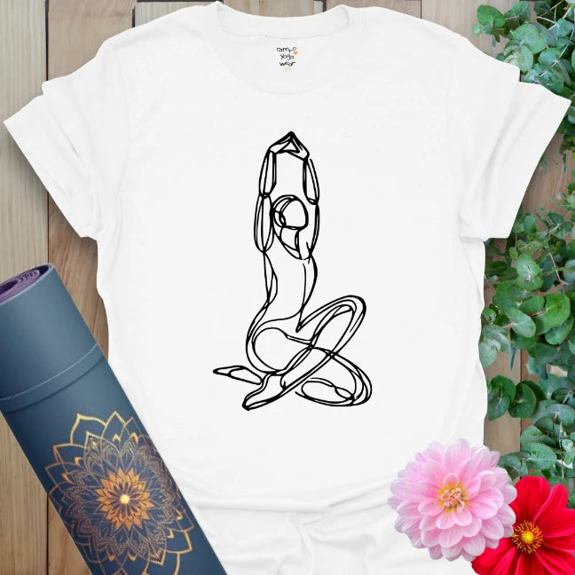 Clean white unisex yoga t-shirt featuring serene goddess silhouette promoting soulful strength, inner peace, and conscious energy.