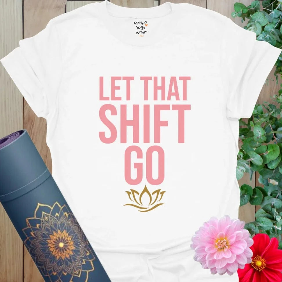 White Shift T-Shirt with navy and taupe design and grounded symbol. Soulful yoga tee with lighthearted tone.