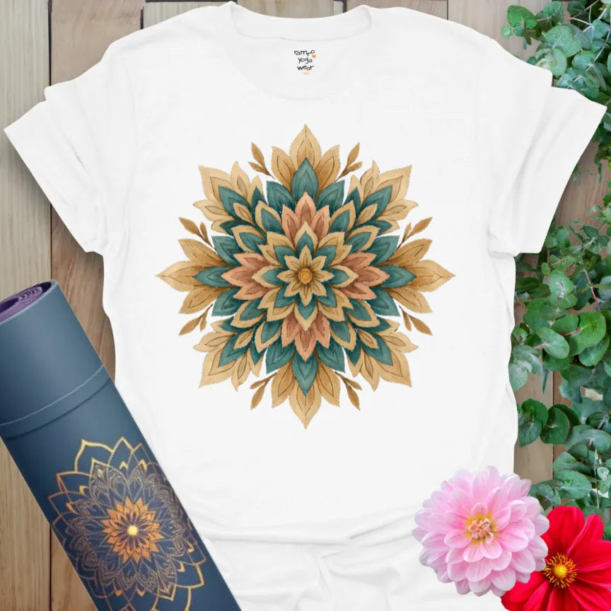 Clean white unisex yoga t-shirt with detailed mandala bloom symbolizing personal growth, alignment, and sacred balance.