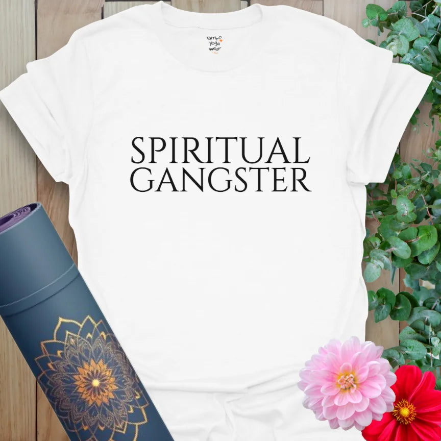 Crisp white tee with centered “Spiritual Gangster” text, ideal for conscious streetwear and sacred self-expression.