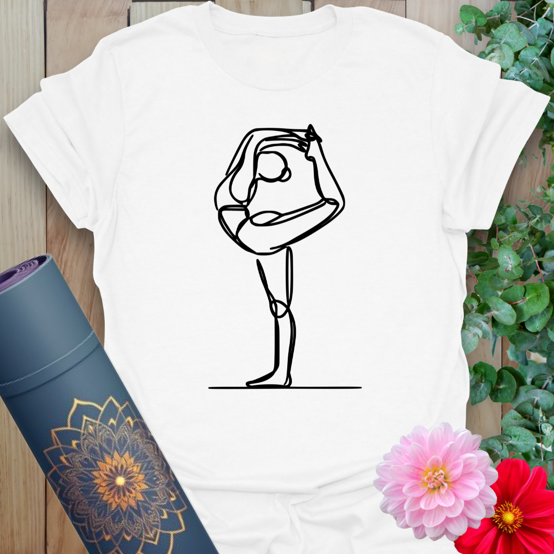 Clean white unisex t-shirt with line-art Standing Bow graphic, made for flow, grace, and mindful daily wear.