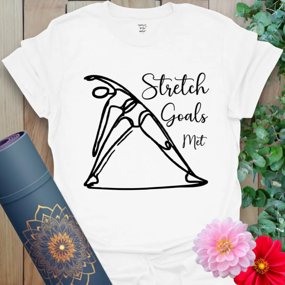 Clean white unisex yoga t-shirt showcasing empowering stretch design and light-hearted yoga phrase for mindful daily wear.