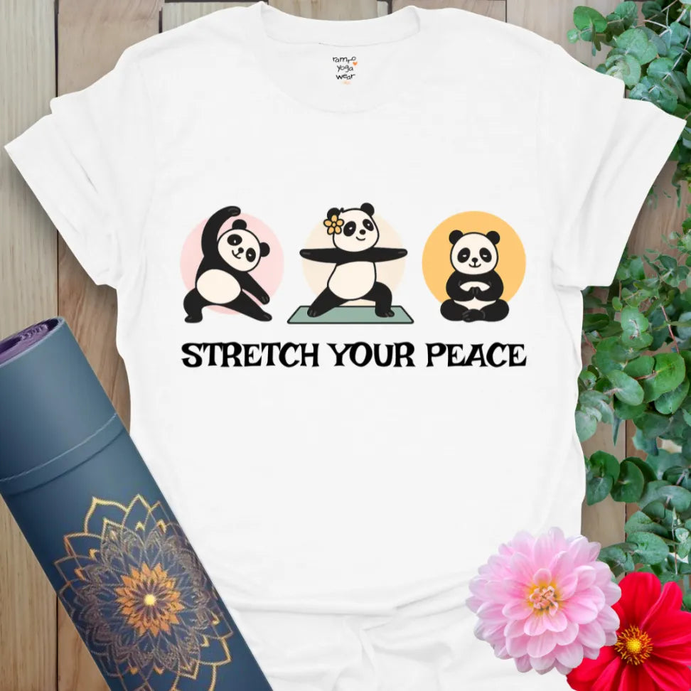 Clean white unisex yoga tee with pastel panda poses and peaceful pun, perfect for yoga and smiles.