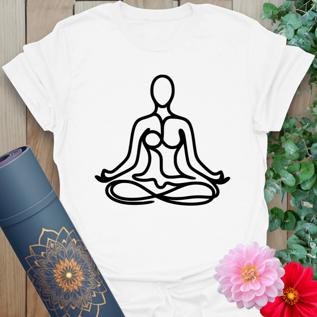 Clean white unisex yoga tee with minimal seated design, symbolizing connection and inner alignment.