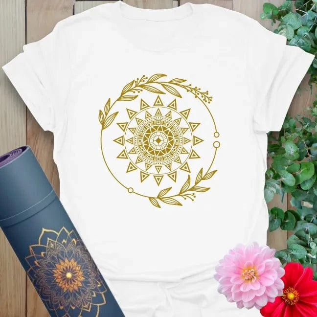 Clean white unisex tee with celestial mandala-style sun and leafy accents, perfect for conscious, radiant expression.