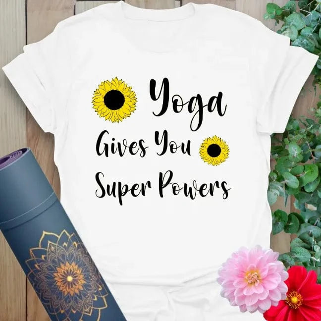 Clean white unisex yoga tee with cheerful quote and floral accents for uplifting conscious living.