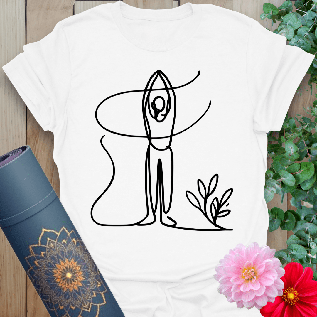 Clean white unisex yoga tee with minimalist Tadasana pose graphic and plant accent, perfect for centered daily wear.
